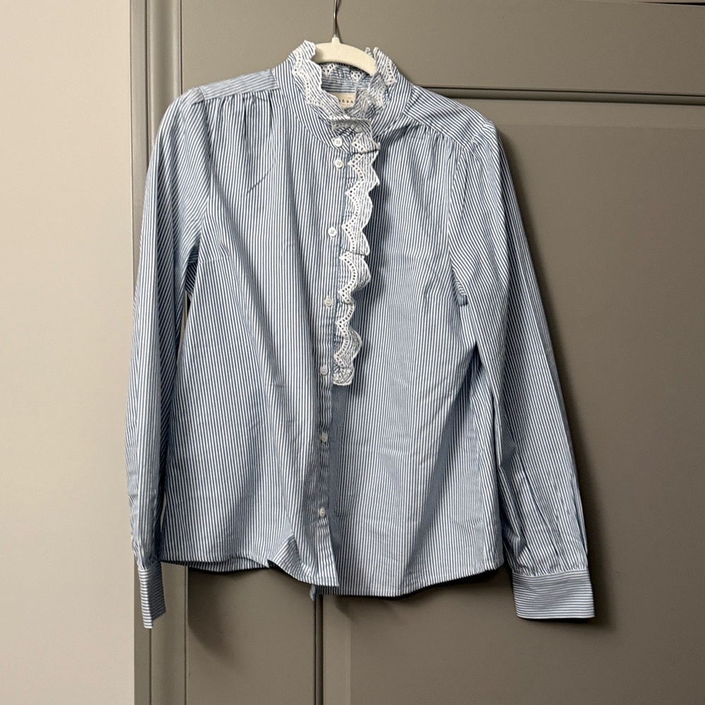 Sezane Blue Striped Blouse with White Lace Trim